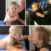 Tre små bilder på barn som tränar magläge.