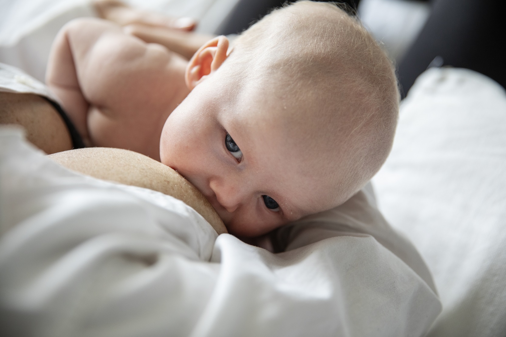 Ett barn som är ungefär en månad ligger i sin mammas famn mage mot mage och suger på bröstet med öppna ögon.