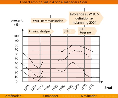Bilden visar när Sverige tog strategiska beslut för att främja amning och hur många procent av barnen som enbart ammades vid åldrarna 2, 4 och 6 månader mellan 1975 och 2010.