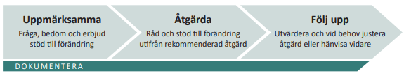 tre rutor som beskriver tre steg i arbetsprocessen, rutorna har rubrikerna uppmärksamma, åtgärda och följ upp