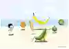 Ett troll står på en strand och vinkar åt en apelsin, en morot, en banan, ett fikon, en vattenmelon och en gurka som sitter i en solstol.