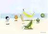 En apelsin, en morot, en banan och ett fikon står på en strand. En melongubbe ligger i vattnet och i en solstol sitter en gurkagubbe. Trollet står på stranden och vinkar till alla frukt- och grönsaksgubbarna.