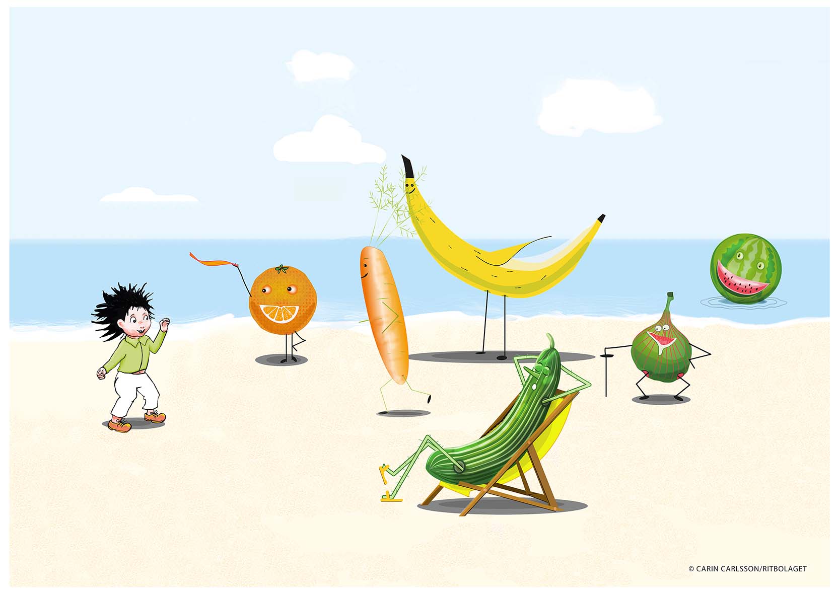 Ett troll står på en strand och vinkar åt en apelsin, en morot, en banan, ett fikon, en vattenmelon och en gurka som sitter i en solstol.