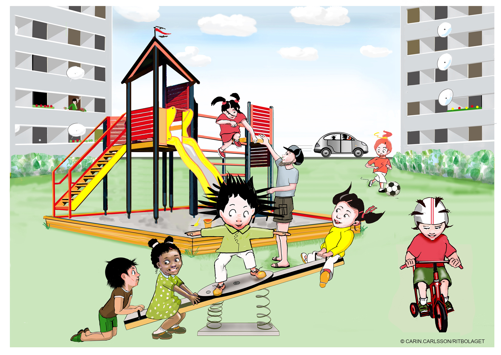 Barn leker på en lekplats mellan höga hus. Tre barn och trollet gungar på en gungbräda. Ett barn cyklar och ett barn leker med sin pappa i en klätterställning.