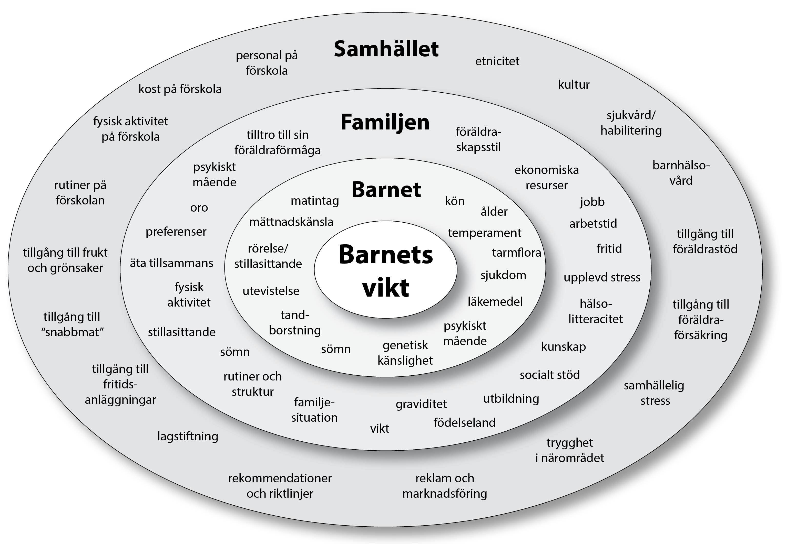 En rund illustration med faktorer som påverkar ett barns vikt.