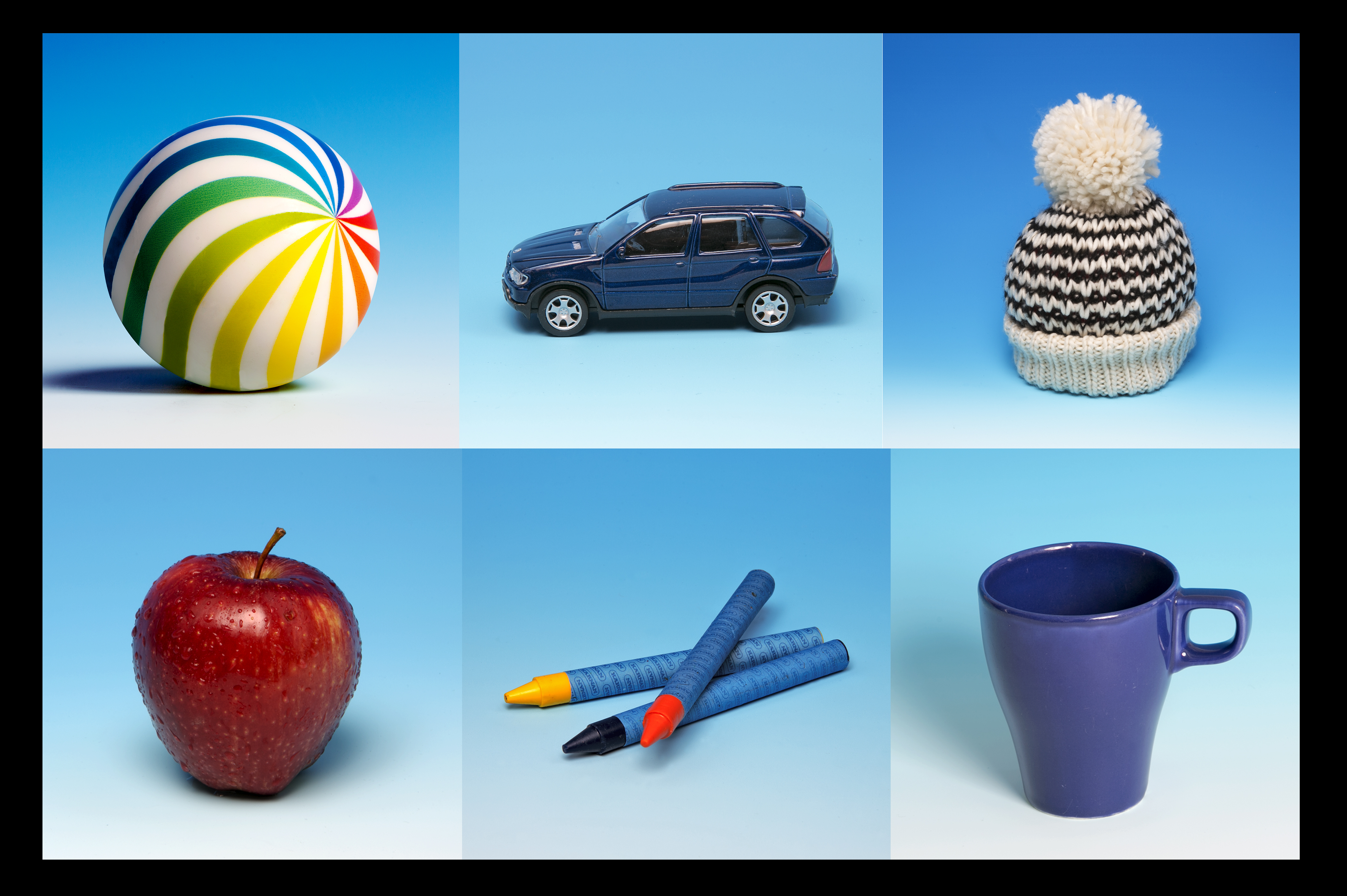 Bild som föreställer boll, bil, mössa, äpple, kritor och mugg. Bild. 