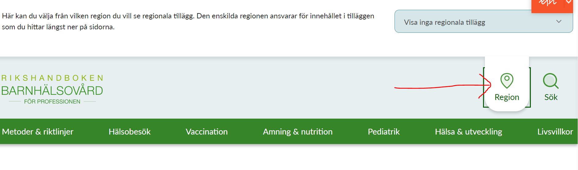 Skärmdump av startsidan med symbolen för regionväljaren