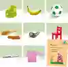 En rektangel med nio fält som innehåller varsin bild på olika föremål som barnet ska namnge, till exempel en boll och en banan.